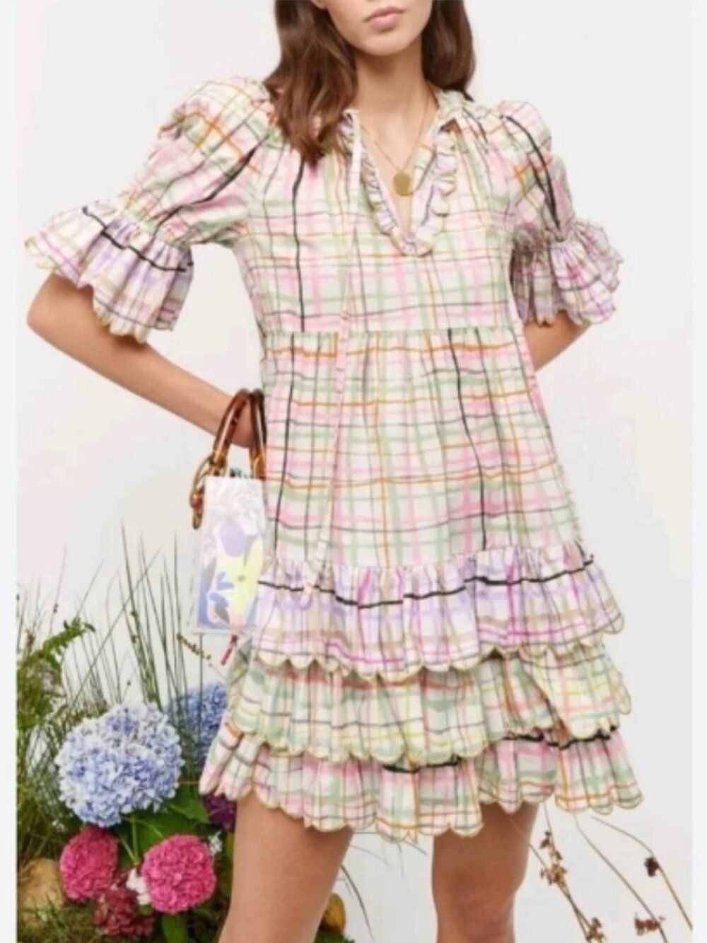 CeliaB Liv Pastel Plaid Ruffle Mini Dress with Tie Detail